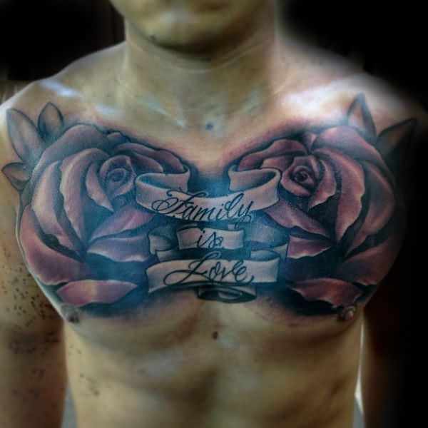 Outstading Grey Ink 3d Flower Family Is Love Banner Tattoo Design For Men Chest