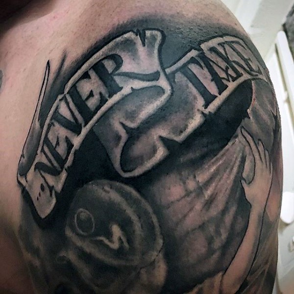 Outstanding 3d Grey Ink Banner Tattoo On Men Shoulder