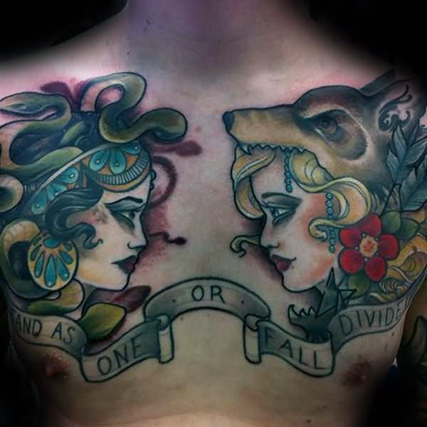 Outstanding Banner and Tribal Vintage Girl Face Tattoo On Men Chest