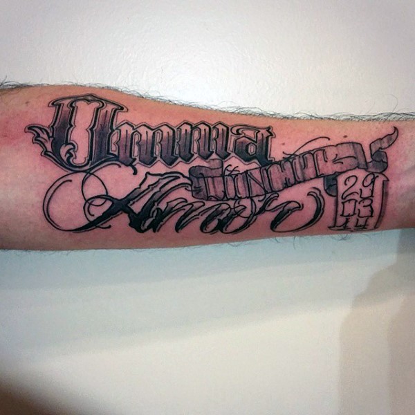 Outstanding Black Ink Banner Tattoo On Men Sleeve With Cool Fonts