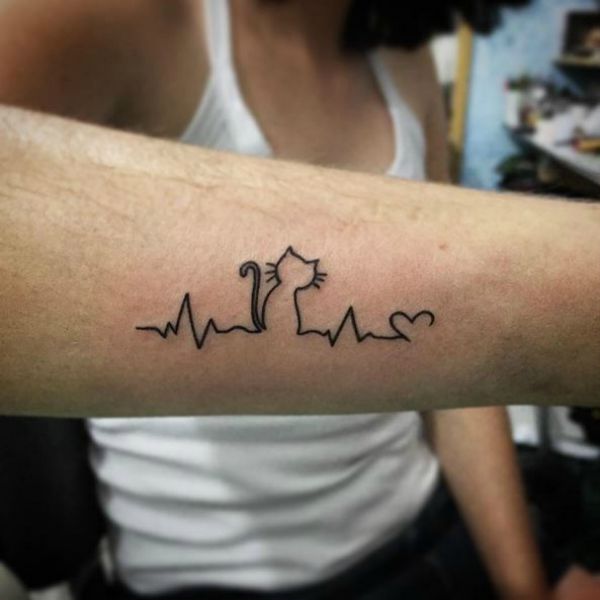 Outstanding Black Ink Cat Heartbeat Tattoo Design For Men Sleeve