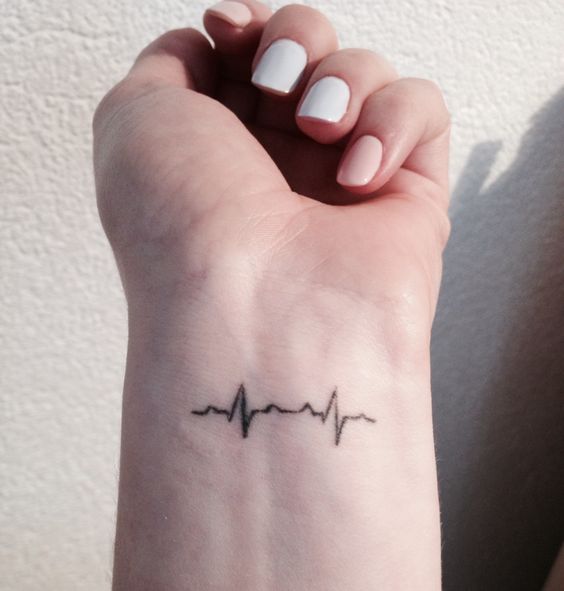 Outstanding EKG Heartbeat Black Ink Tattoo For Women Wrist