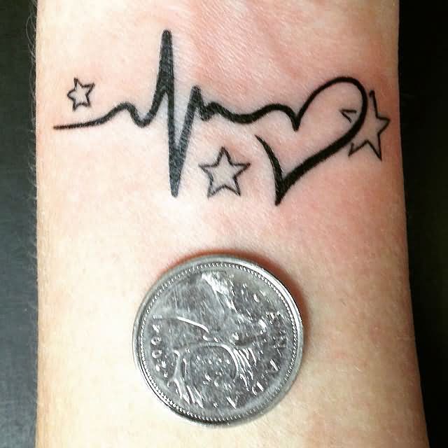 Outstanding Heart Star Coin Small Black Ink Tattoo For Women Wrist
