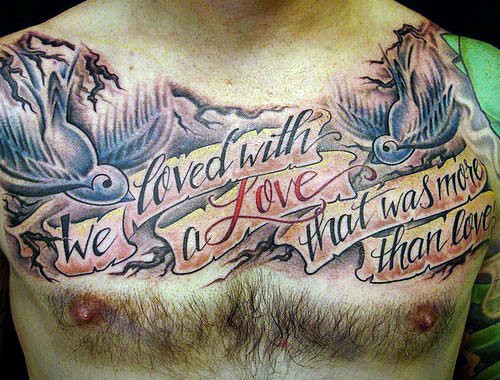 Outstanding Mocking Birds and Banner With Love Quote Tattoo Design For Men Chest