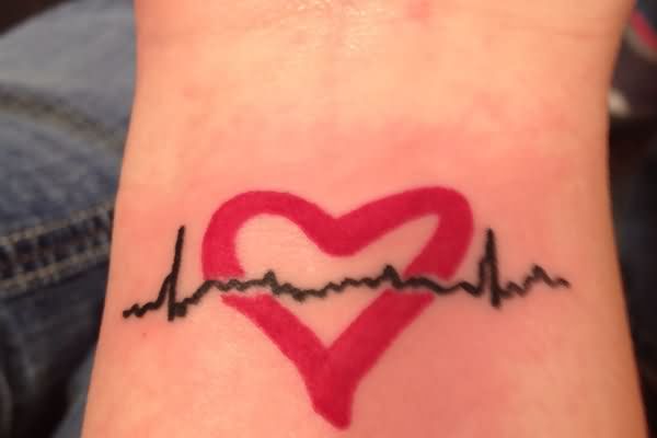 Red Ink Amazing Heartbeat and Heart Tattoo Design For Women Wrist