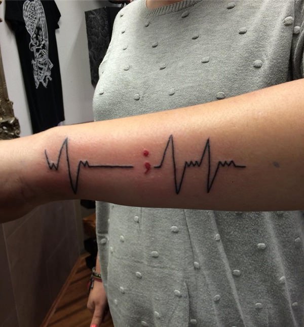 Semicolon Red Ink Depression EKG Tattoo Design
