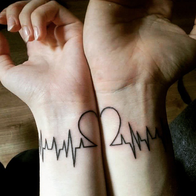 Simple Black Ink Heartbeat Love Heart Tattoo For Couple Wrist