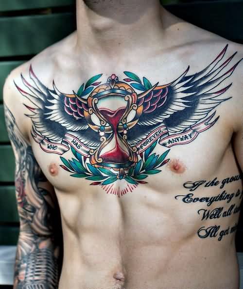Ultimate Snad Clock Wings and Banner Tattoo Design On Men Chest