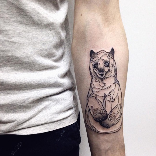Unique Grey Ink Small Bear Baby Tattoo Design On Men Lower Arm
