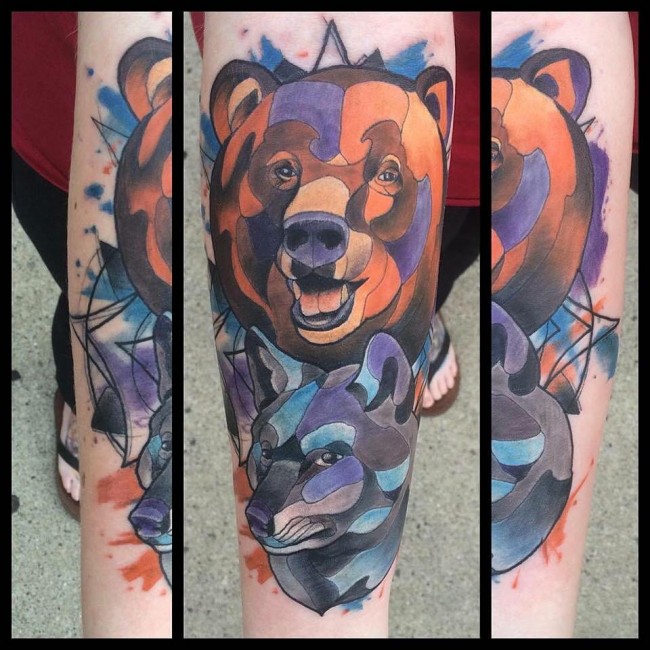 Wonderful Bear Face Watercolor Tattoo Design For Men Arm