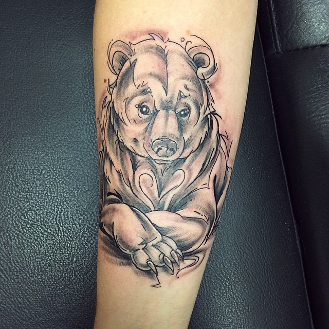 Wonderful Grey Ink Bear Tattoo Design For Lower Sleeve