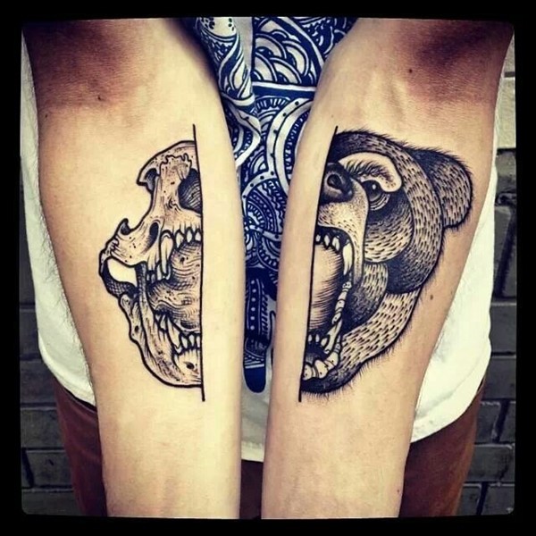 Wonderful Half Bear Face and Skull Skull Tattoo For Both Arm